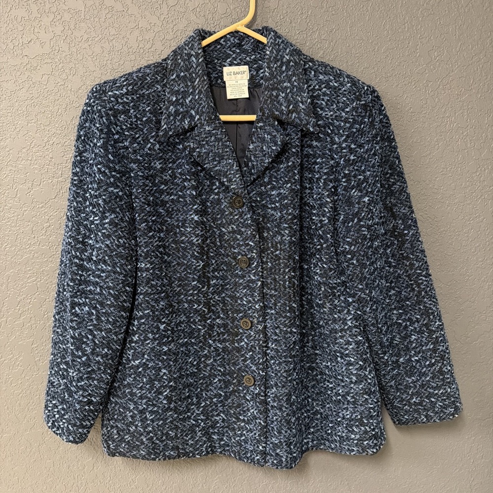 Liz‎ Baker Multi Color Tweed Four Button Blazer Ladies Size 14 Blue Blazer